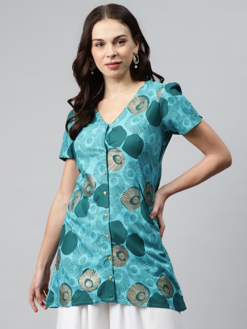 

Anubhutee Women Sea Green & Beige Printed A-Line Kurta