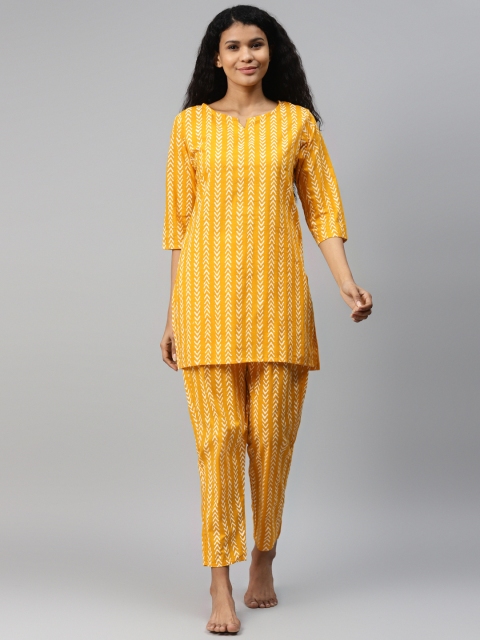 

Anubhutee Women Mustard Yellow & White Printed Pure Cotton Night Suit