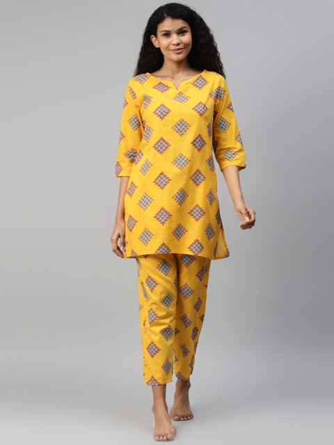 

Anubhutee Women Yellow & Blue Printed Pure Cotton Night Suit