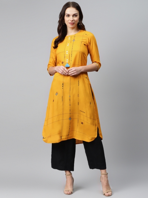 

Anubhutee Women Mustard Yellow & Black Checked A-Line Kurta