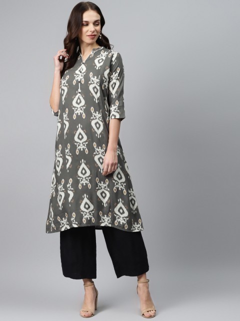 

Anubhutee Women Grey & White Printed Straight Kurta