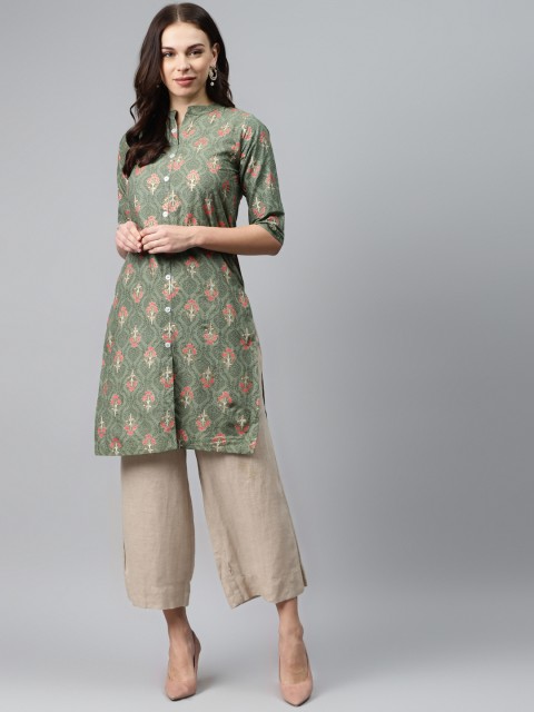 Anubhutee Women Green & Pink Printed Pure Cotton Straight Kurta
