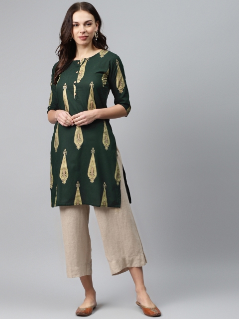 

Anubhutee Women Green & Golden Printed Pure Cotton Straight Kurta