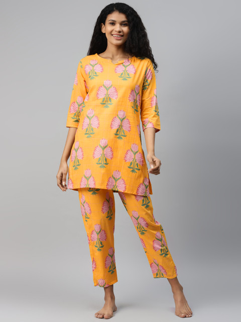 

Anubhutee Women Yellow & Pink Printed Pure Cotton Night Suit