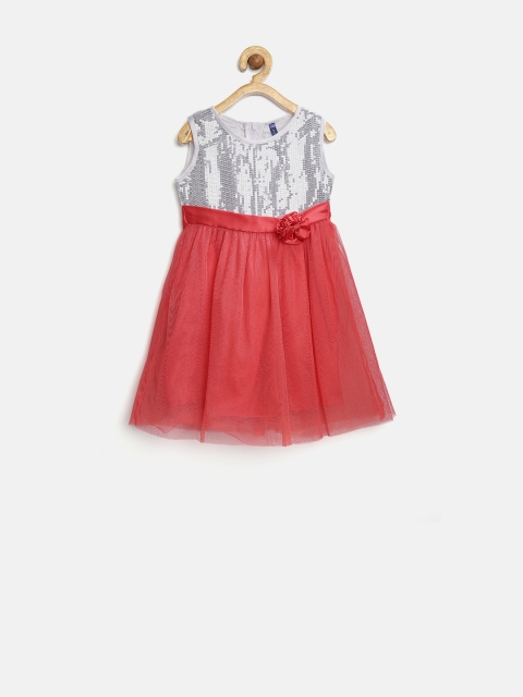 

YK Girls Coral Red Sequinned Net Fit & Flare Dress