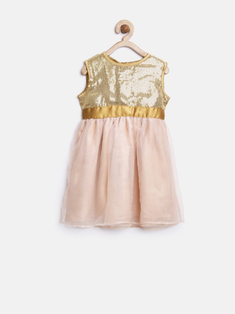 

YK Girls Nude-Coloured Sequinned Net Fit & Flare Dress