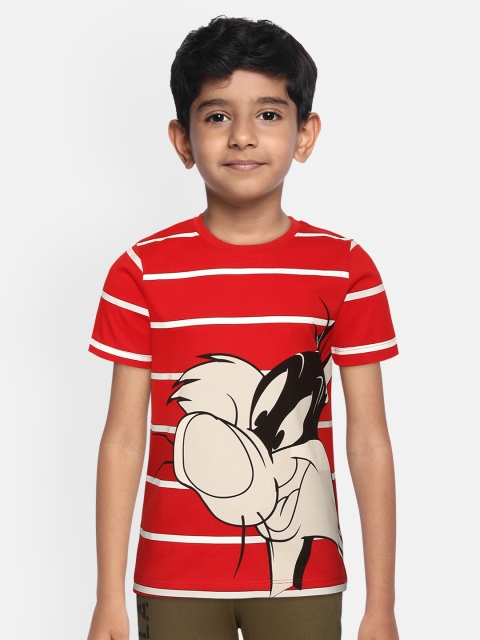 

YK Warner Bros Boys Red & Off-White Pure Cotton Sylvester The Cat Print & Striped T-shirt