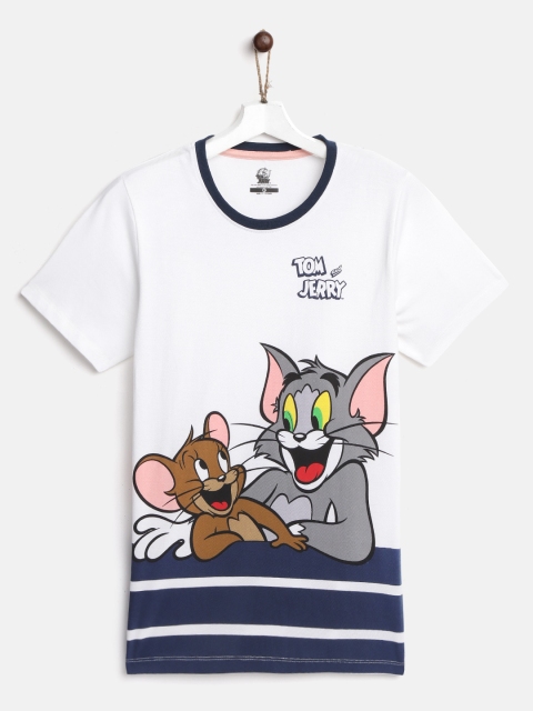 

YK Warner Bros Boys White & Navy Pure Cotton Tom & Jerry Print Round Neck T-shirt