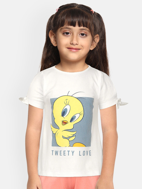 

YK Warner Bros White & Yellow Looney Tunes Tweety Print Pure Cotton Regular Top