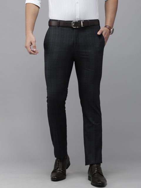 

Park Avenue Men Navy Blue & Black Super Slim Fit Checked Formal Trousers