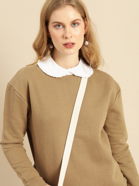 

COVER STORY Women Brown Solid Peter Pan Collar Pullover Sweatshirt