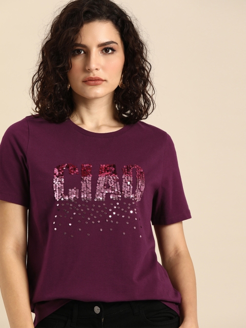 

COVER STORY Women Purple Sequined Round Neck T-shirt