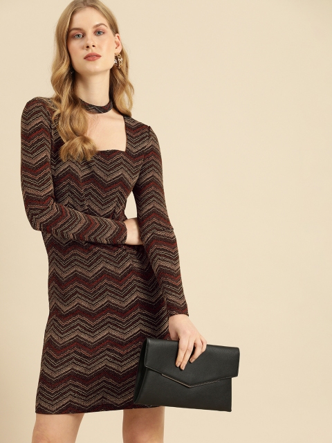 

COVER STORY Women Brown & Beige Chevron Choker Neck Sheath Dress