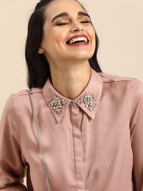 

COVER STORY Women Pink Regular Fit Solid Jewel Collar Casual Shirt