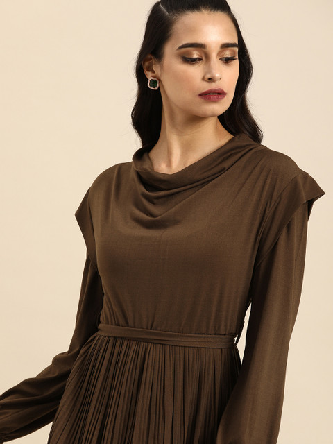 

COVER STORY Women Brown Solid Accordion Pleated Fit and Flare Dress