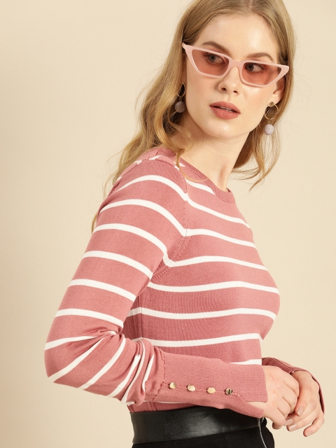 

COVER STORY Women Pink & White Striped Pullover Sweater