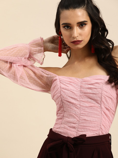 

COVER STORY Pink Off-Shoulder Puff Sleeves Regular Top