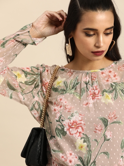 

COVER STORY Brown & Fluorescent Green Floral Printed Puff Sleeves Cinched Waist Top