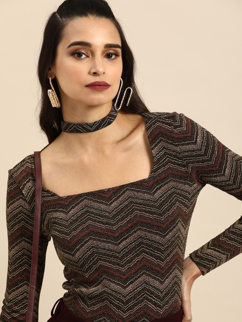 

COVER STORY Brown & Maroon Geometric Printed Choker Neck Regular Top