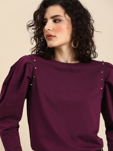 

COVER STORY Purple Bishop Sleeves Pure Cotton Regular Top with Embellishments