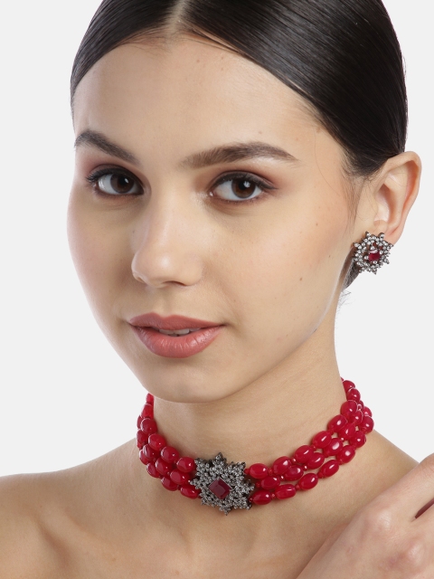 

ANESH Red Rhodium-Plated CZ Studded & Beaded Handcrafted Jewellery Set