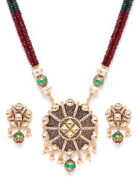 

ANESH Maroon Gold-Plated Kundan Studded & Beaded Handcrafted Enamelled Jewellery Set