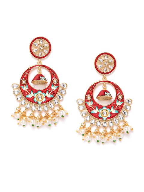 

ANESH Red & White Gold-Plated Kundan Studded & Beaded Hand Painted Circular Chandbalis