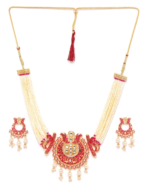 

ANESH Pink Gold-Plated Kundan Studded & Beaded Handcrafted Enamelled Jewellery Set