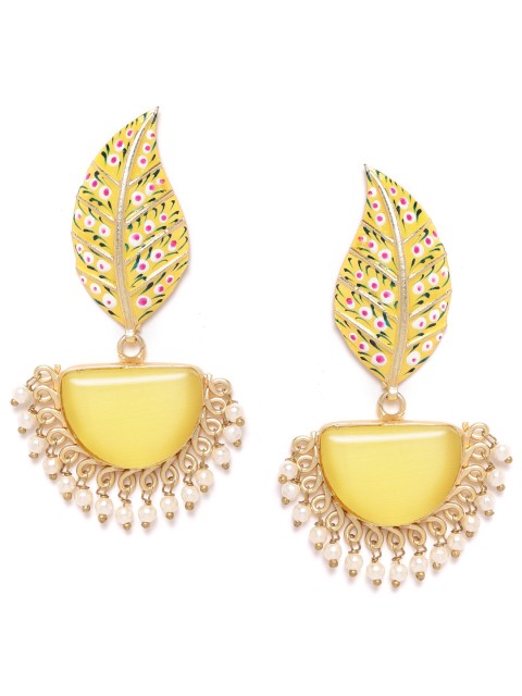 

ANESH Yellow Gold-Plated Stone Studded & Beaded Handcrafted Enamelled Drop Earrings