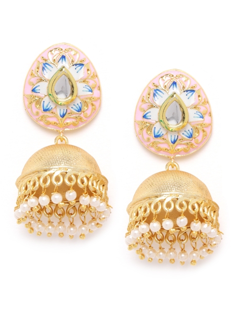 

ANESH Pink Gold-Plated Kundan Studded & Beaded Handcrafted Enamelled Dome Shaped Jhumkas