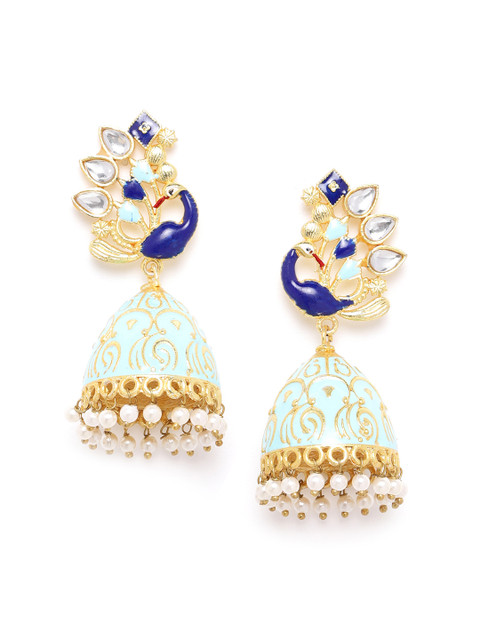 

ANESH Blue Gold-Plated Kundan Studded Enamelled Handcrafted Dome Shaped Jhumkas