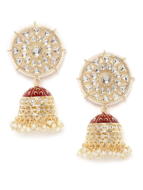 

ANESH Red & Off-White Gold-Plated Handcrafted Kundan-Studded & Beaded Dome Shaped Jhumkas