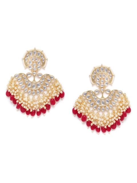 

ANESH Maroon & Off-White Gold-Plated Kundan & Beaded Handcrafted Classic Drop Earrings