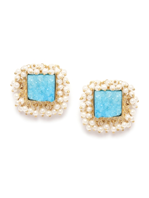 

ANESH Blue Gold-Plated Stone-Studded Beaded Handcrafted Square Studs