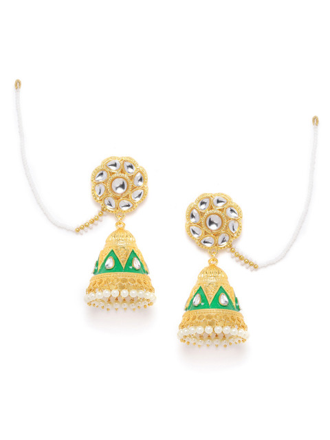

ANESH Green & Off-White Gold-Plated Kundan Studded & Beads Handcrafted Dome Shaped Jhumkas