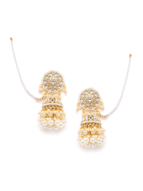 

ANESH Off-White Gold-Plated Kundan Studded & Beaded Handcrafted Jhumkas with Ear Chain