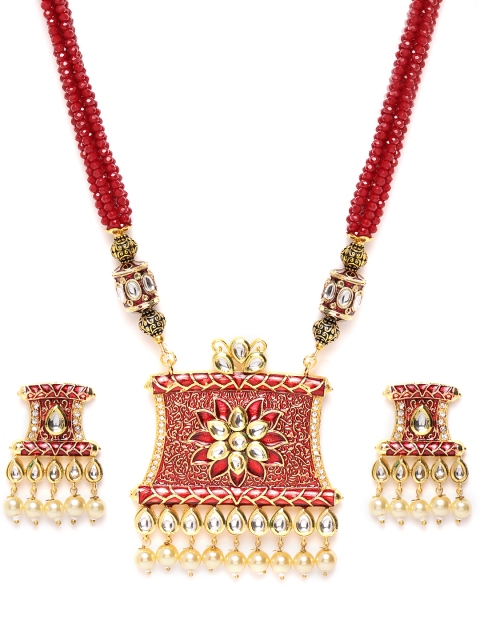 

ANESH Red & Off-White Gold-Plated Kundan Studded & Beaded Handcrafted Jewellery Set