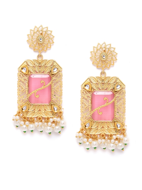 

ANESH Pink Gold-Plated Stone-Studded & Beaded Handcrafted Geometric Drop Earrings
