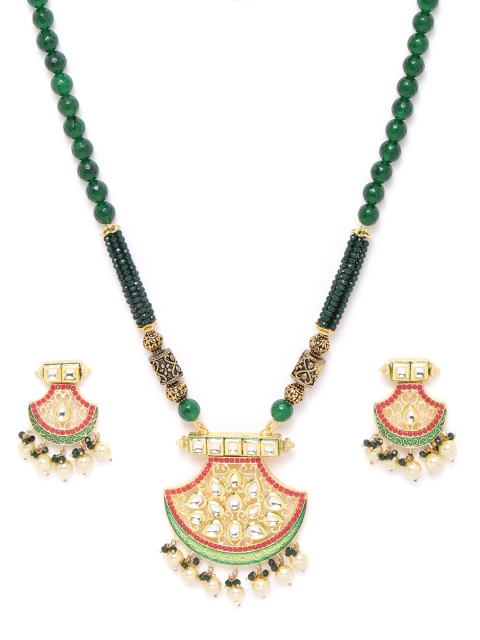 

ANESH Green Gold-Plated Kundan Studded & Beaded Handcrafted Enamelled Jewellery Set