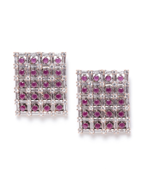 

ANESH Gunmetal-Toned & Magenta Silver-Plated CZ-Studded Handcrafted Square Studs, Metallic