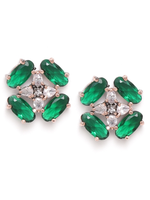 

ANESH Green & Gunmetal-Toned Silver-Plated CZ-Studded Handcrafted Floral Studs