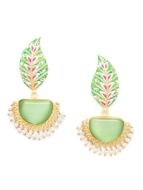 

ANESH Green Gold-Plated Stone Studded & Beaded Handcrafted Enamelled Drop Earrings