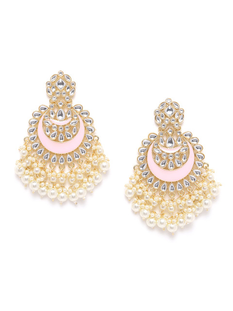 

ANESH Pink & Off-White Gold-Plated Handcrafted Enamelled Kundan Crescent Shaped Chandbalis