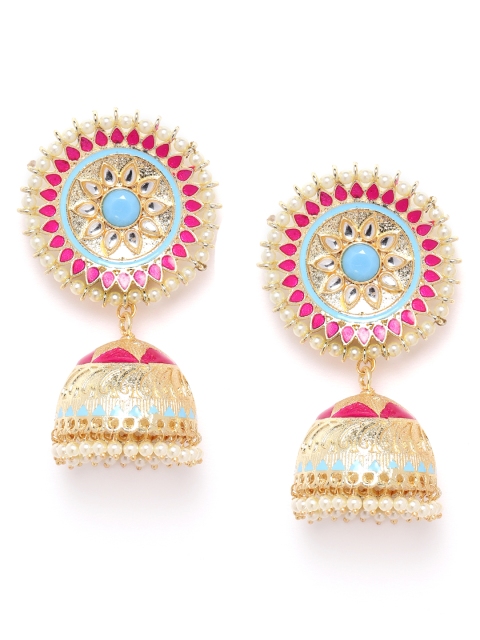 

ANESH Fuchsia & Blue Gold-Plated Stone-Studded Enamelled Handcrafted Dome Shaped Jhumkas