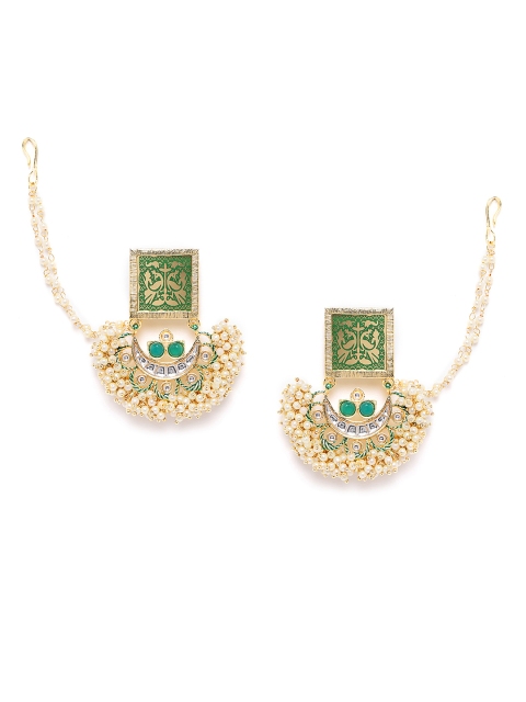 

ANESH Green Gold-Plated Handcrafted Kundan Crescent Shaped Chandbalis with Ear Chains