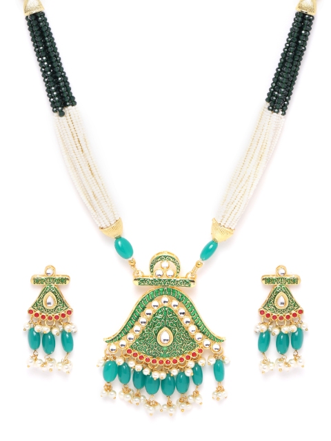 

ANESH Green Gold-Plated Kundan Studded & Beaded Handcrafted Enamelled Jewellery Set