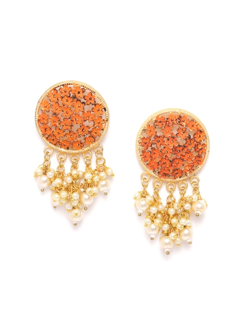 

ANESH Orange & Off-White Gold-Plated Handcrafted Chandelier Circular Drop Earrings