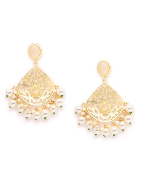 

ANESH Off-White Gold-Plated Stone-Studded & Beaded Handcrafted Classic Drop Earrings