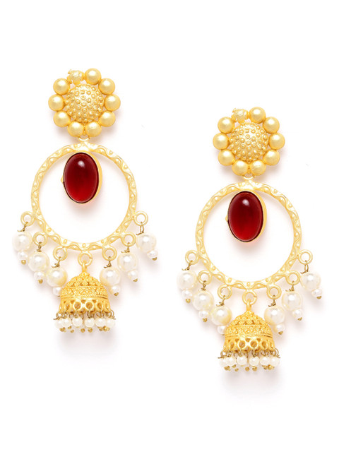 

ANESH Maroon Gold-Plated Stone-Studded & Beaded Textured Handcrafted Dome Shaped Jhumkas
