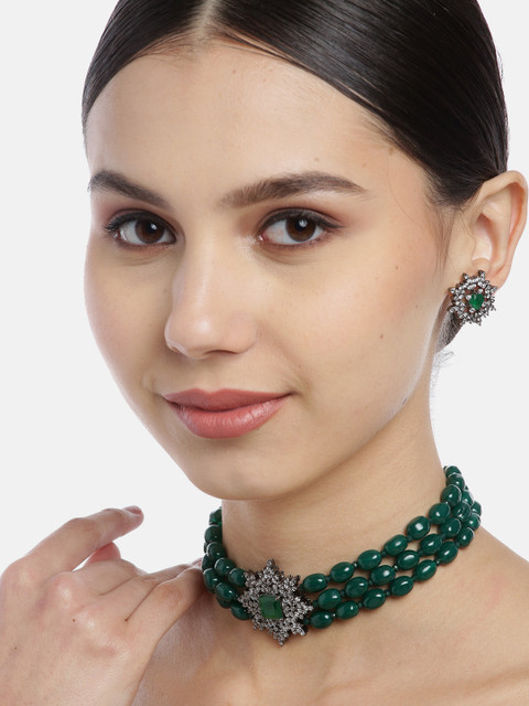 

ANESH Green Rhodium-Plated CZ Studded & Beaded Handcrafted Jewellery Set